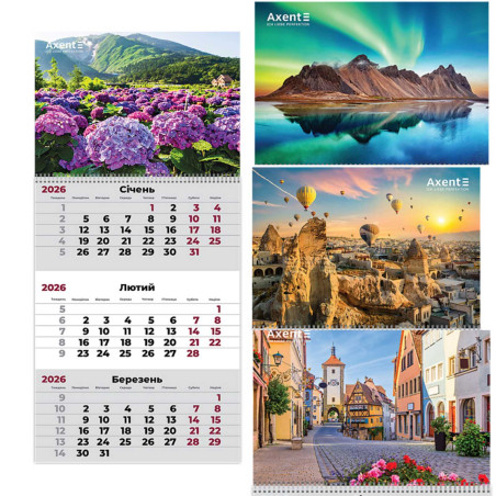Настінний календар Axent 2026, 1 пружина з бігунком | Перекидний